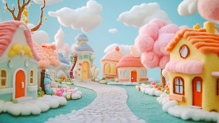 JPG 나무 구름 편집이미지 꽃 길 하늘 주택 따뜻함 사람없음 컬러풀 귀여움 마을 솜 퀼트 핸드메이드 아기자기 편집실사 AI컴퓨터그래픽 AI콘텐츠 자연요소 식물 컬러 컨셉 건물 CG 파일형식