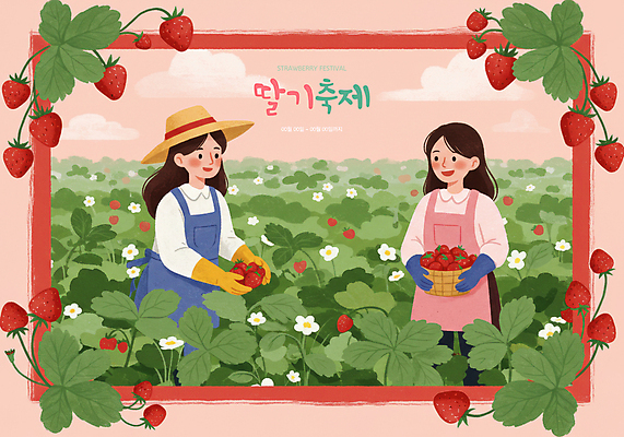 PSD 여자 분홍색 장갑 일러스트 딸기 들기 성인 두명 초록색 바구니 앞치마 봄 체험 밀짚모자 딸기꽃 딸기밭 딸기축제 성인여자만 딸기잎 국내일러스트 모자_잡화 잡화 계절 꽃 컬러 컨셉 잎 밭 과일 모션 사람 축제 여자만 성인만 파일형식