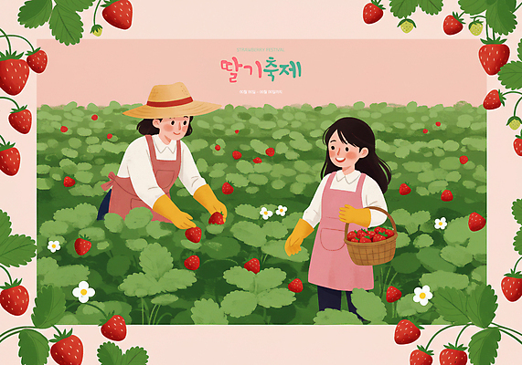 PSD 여자 분홍색 장갑 일러스트 딸기 들기 성인 두명 초록색 바구니 앞치마 봄 체험 밀짚모자 딸기꽃 딸기밭 딸기축제 성인여자만 딸기잎 국내일러스트 모자_잡화 잡화 계절 꽃 컬러 컨셉 잎 밭 과일 모션 사람 축제 여자만 성인만 파일형식