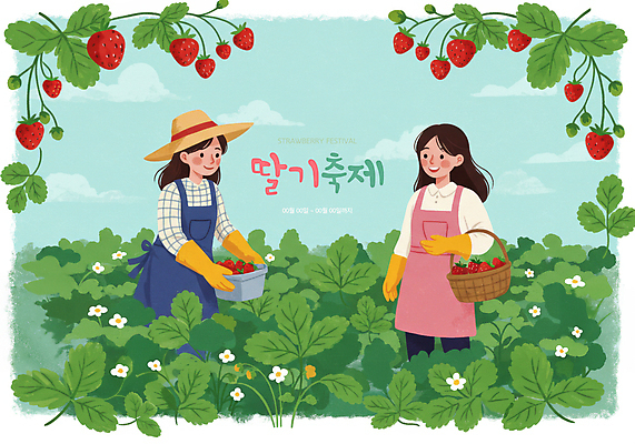 PSD 구름 여자 장갑 하늘색 일러스트 딸기 들기 성인 두명 초록색 바구니 앞치마 봄 체험 밀짚모자 딸기꽃 딸기밭 딸기축제 성인여자만 딸기잎 국내일러스트 자연요소 모자_잡화 잡화 계절 꽃 컬러 컨셉 잎 밭 과일 모션 사람 파란색 축제 여자만 성인만 파일형식