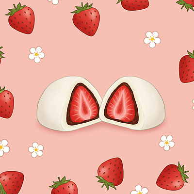 JPG 분홍색 패턴 과일 일러스트 딸기 단면 디저트 사람없음 유행 팥 찹쌀떡 딸기꽃 모찌 국내일러스트 AI일러스트 AI콘텐츠 꽃 음식 컬러 무늬 떡 파일형식