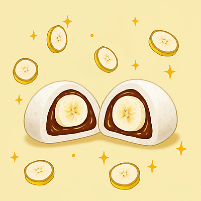 JPG 패턴 과일 일러스트 단면 디저트 바나나 사람없음 반짝임 노란색 유행 팥 찹쌀떡 모찌 국내일러스트 AI일러스트 AI콘텐츠 음식 컬러 무늬 모션 떡 파일형식