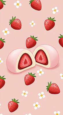 JPG 분홍색 패턴 과일 일러스트 딸기 단면 디저트 사람없음 유행 팥 찹쌀떡 딸기꽃 모찌 국내일러스트 AI일러스트 AI콘텐츠 꽃 음식 컬러 무늬 떡 파일형식