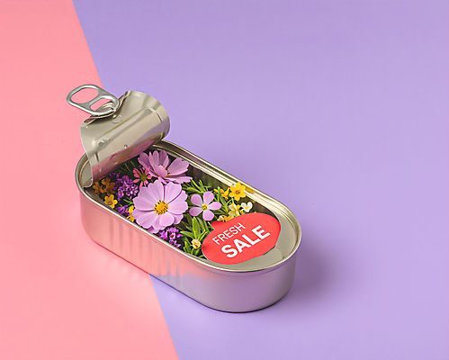 JPG 편집이미지 봄꽃 이벤트 사람없음 세일 보라색 오픈 풀잎 캔 담기 통조림 봄맞이 편집실사 AI컴퓨터그래픽 AI콘텐츠 꽃 컬러 잎 모션 봄 풀_식물 CG 파일형식