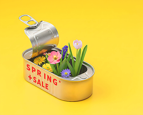 JPG 편집이미지 봄꽃 이벤트 사람없음 노란색 세일 오픈 풀잎 캔 담기 통조림 봄맞이 편집실사 AI컴퓨터그래픽 AI콘텐츠 꽃 컬러 잎 모션 봄 풀_식물 CG 파일형식