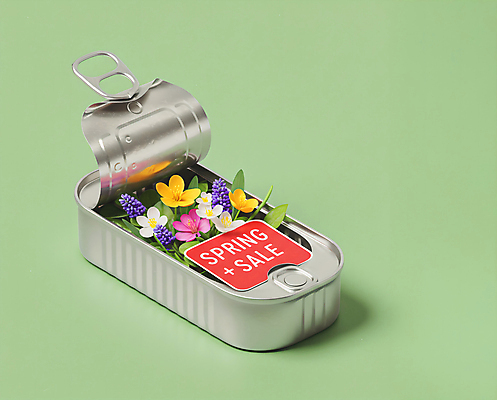 JPG 편집이미지 봄꽃 이벤트 사람없음 연두색 세일 오픈 풀잎 카드 캔 담기 통조림 봄맞이 편집실사 AI컴퓨터그래픽 AI콘텐츠 꽃 잎 모션 초록색 봄 풀_식물 CG 파일형식