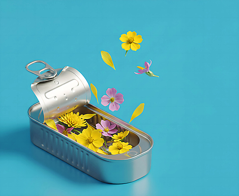 JPG 편집이미지 하늘색 봄꽃 사람없음 오픈 캔 담기 통조림 봄맞이 흩날리기 편집실사 AI컴퓨터그래픽 AI콘텐츠 꽃 모션 파란색 봄 CG 파일형식