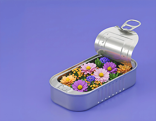 JPG 편집이미지 봄꽃 사람없음 보라색 오픈 풀잎 캔 담기 통조림 봄맞이 편집실사 AI컴퓨터그래픽 AI콘텐츠 꽃 컬러 잎 모션 봄 풀_식물 CG 파일형식