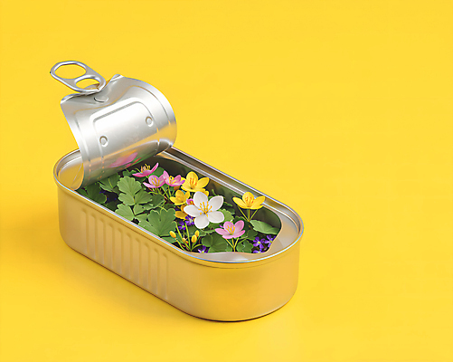 JPG 편집이미지 봄꽃 사람없음 노란색 오픈 풀잎 캔 담기 통조림 봄맞이 편집실사 AI컴퓨터그래픽 AI콘텐츠 꽃 컬러 잎 모션 봄 풀_식물 CG 파일형식