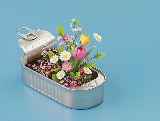 JPG 편집이미지 하늘색 봄꽃 사람없음 오픈 풀잎 캔 담기 통조림 봄맞이 편집실사 AI컴퓨터그래픽 AI콘텐츠 꽃 잎 모션 파란색 봄 풀_식물 CG 파일형식