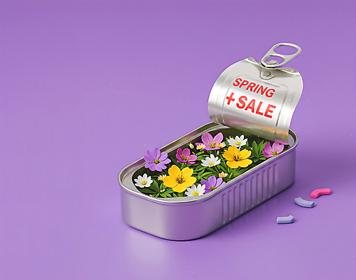 JPG 편집이미지 봄꽃 이벤트 사람없음 세일 보라색 오픈 풀잎 캔 담기 통조림 봄맞이 편집실사 AI컴퓨터그래픽 AI콘텐츠 꽃 컬러 잎 모션 봄 풀_식물 CG 파일형식