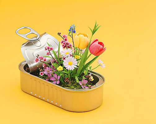 JPG 편집이미지 봄꽃 사람없음 노란색 오픈 풀잎 캔 담기 통조림 봄맞이 편집실사 AI컴퓨터그래픽 AI콘텐츠 꽃 컬러 잎 모션 봄 풀_식물 CG 파일형식