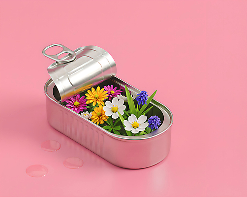 JPG 편집이미지 분홍색 봄꽃 사람없음 물방울 오픈 풀잎 캔 담기 통조림 봄맞이 편집실사 AI컴퓨터그래픽 AI콘텐츠 꽃 컬러 잎 모션 봄 풀_식물 CG 파일형식