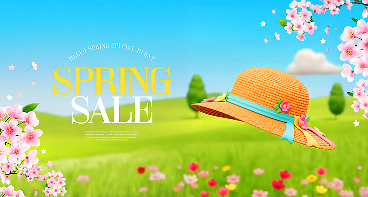 PSD 나무 구름 편집이미지 하늘 이벤트 초원 사람없음 3D 세일 봄 벚꽃 언덕 밀짚모자 이미지편집 편집3D 자연요소 식물 모자_잡화 계절 꽃 디지털합성 파일형식