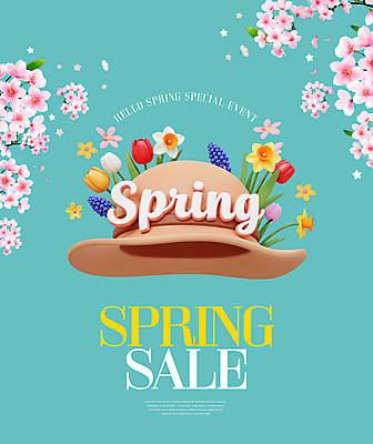 PSD 편집이미지 하늘색 잎 이벤트 사람없음 3D 세일 봄 튤립 벚꽃 밀짚모자 수선화 히아신스 이미지편집 편집3D 식물 모자_잡화 계절 꽃 파란색 디지털합성 파일형식