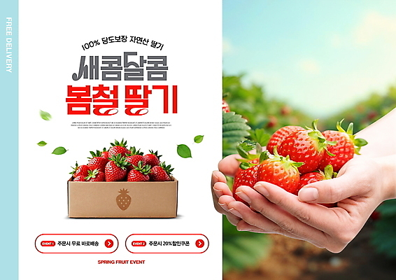 PSD 편집이미지 손 하늘 딸기 나뭇잎 이벤트 신체부위 봄 종이상자 쿠폰 딸기밭 이미지편집 계절 잎 밭 과일 사람 상자 파일형식