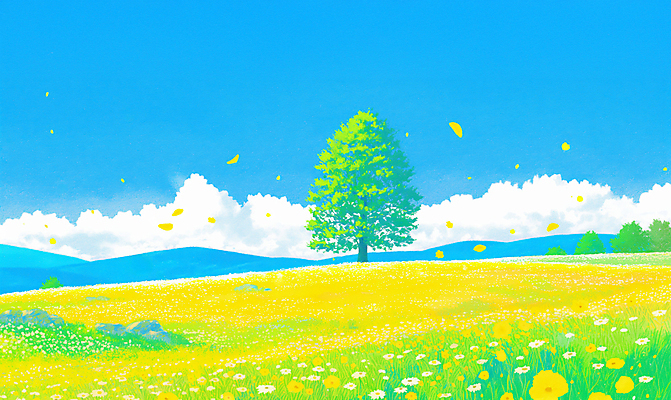 JPG 나무 구름 꽃잎 하늘색 꽃밭 일러스트 봄꽃 자연 하늘 산 초원 사람없음 노란색 봄풍경 시골 흩날리기 국내일러스트 AI일러스트 AI콘텐츠 자연요소 식물 꽃 컬러 모션 풍경 파란색 봄 생태계 파일형식