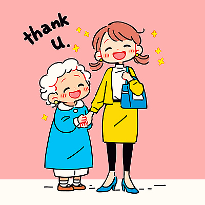 전신 여자 노년 분홍색 일러스트 미소 성인 두명 반짝임 손잡기 핸드백 잡기 자원봉사자 감사 사회복지사 돌봄 땡큐 여자만 국내일러스트 AI파일 직업 감정 컬러 가방 모션 표정 사람 사회복지 파일형식 벡터