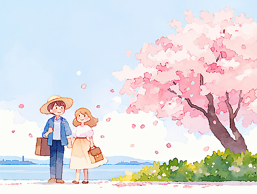 JPG 전신 구름 모자 커플 여자 남자 꽃잎 바다 가방 일러스트 하늘 수채화 미소 성인 두명 손잡기 봄 풀 벚나무 감성 성인만 흩날리기 국내일러스트 AI일러스트 AI콘텐츠 자연요소 나무 식물 잡화 계절 꽃 컨셉 관계 모션 표정 사람 벚꽃 파일형식