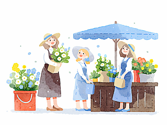 JPG 전신 모자 여자 화분 어린이 가방 일러스트 청소년 수채화 미소 들기 소녀 성인 세명 봄 파라솔 꽃집 꽃바구니 감성 여자만 국내일러스트 AI일러스트 AI콘텐츠 잡화 계절 꽃 컨셉 모션 표정 사람 바구니 상점 파일형식