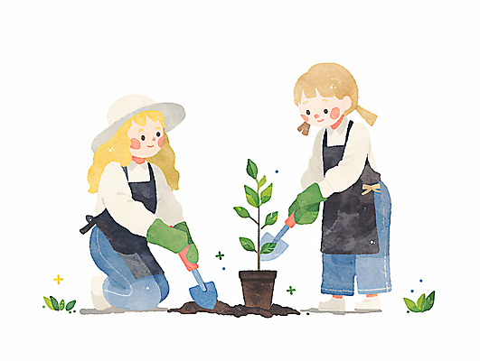 JPG 전신 모자 여자 어린이 장갑 일러스트 수채화 미소 들기 소녀 성인 두명 앞치마 봄 무릎꿇기 모종삽 식목일 감성 나무심기 묘목 여자만 국내일러스트 AI일러스트 AI콘텐츠 나무 잡화 계절 기념일 컨셉 모션 표정 사람 삽 심기 파일형식