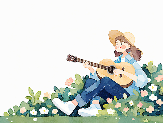 JPG 전신 모자 여자 꽃 연주 일러스트 수채화 한명 미소 앉기 잔디 성인 봄 다리꼬기 통기타 감성 성인여자한명만 국내일러스트 AI일러스트 AI콘텐츠 식물 1 잡화 계절 음악 컨셉 모션 표정 사람 기타 여자한명만 성인여자만 파일형식