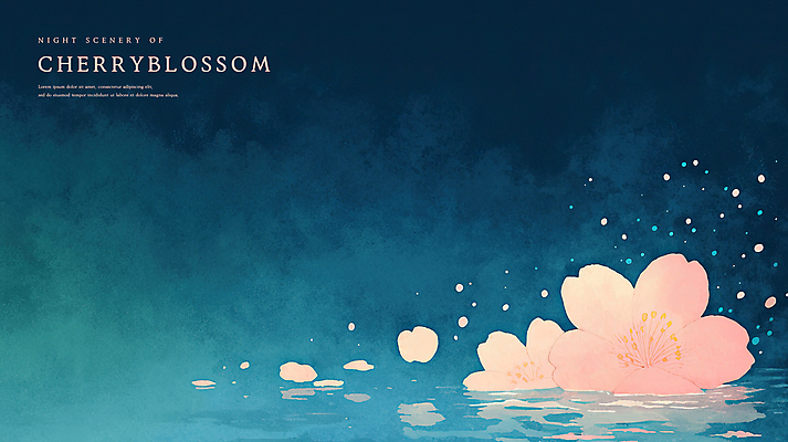 PSD 꽃잎 분홍색 일러스트 수채화 풍경 사람없음 물 반사 봄 벚꽃 야간 남색 감성 국내일러스트 자연요소 계절 꽃 컬러 컨셉 파일형식