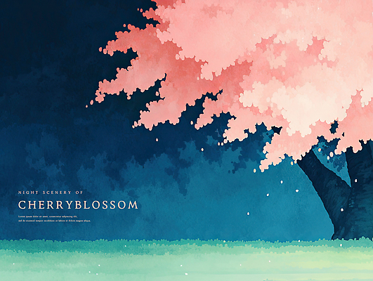 PSD 꽃잎 분홍색 일러스트 수채화 풍경 잔디 사람없음 봄 벚나무 떨어짐 야간 남색 감성 국내일러스트 자연요소 나무 식물 계절 꽃 컬러 컨셉 벚꽃 파일형식