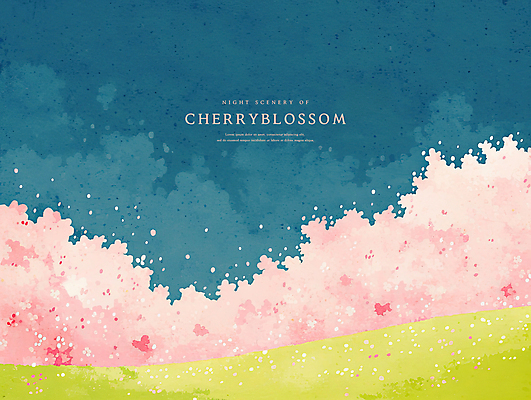 PSD 구름 분홍색 일러스트 수채화 풍경 초원 사람없음 봄 벚꽃 야간 남색 감성 흩날리기 국내일러스트 자연요소 계절 꽃 컬러 컨셉 모션 파일형식