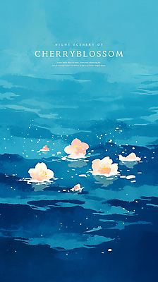 PSD 꽃잎 분홍색 일러스트 수채화 풍경 사람없음 물 반사 봄 벚꽃 야간 남색 감성 국내일러스트 자연요소 계절 꽃 컬러 컨셉 파일형식