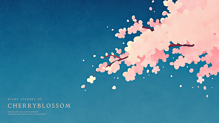 PSD 분홍색 일러스트 수채화 풍경 사람없음 봄 벚나무 야간 남색 감성 국내일러스트 자연요소 나무 계절 컬러 컨셉 벚꽃 파일형식