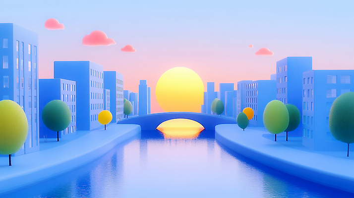 JPG 나무 구름 편집이미지 상상 하늘 빌딩 사람없음 파란색 강 태양 3D 노을 도시 돌다리 편집3D AI컴퓨터그래픽 AI콘텐츠 자연요소 식물 컬러 건물 다리_건축물 디지털합성 파일형식