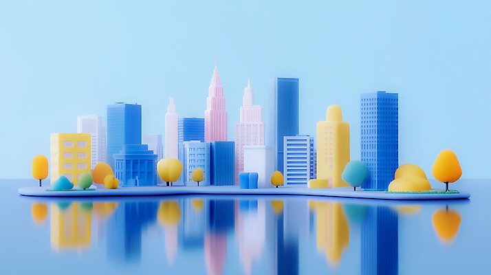 JPG 나무 구름 편집이미지 상상 하늘 빌딩 사람없음 파란색 반사 3D 도시 편집3D AI컴퓨터그래픽 AI콘텐츠 자연요소 식물 컬러 건물 디지털합성 파일형식