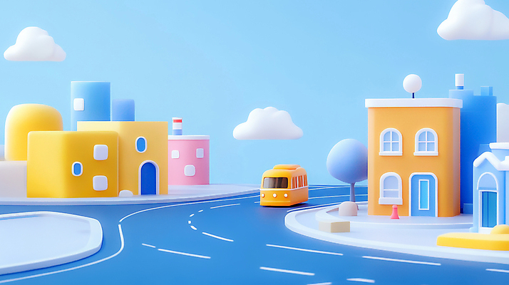 JPG 나무 구름 편집이미지 도로 상상 하늘 버스 빌딩 사람없음 파란색 3D 도시 편집3D AI컴퓨터그래픽 AI콘텐츠 자연요소 식물 길 육상교통 컬러 교통시설 대중교통 건물 디지털합성 파일형식