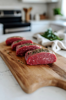 JPG 편집이미지 식재료 생고기 사람없음 주방 소고기 천 로즈메리 나무도마 편집실사 AI포토 AI콘텐츠 도마 육류 목재 직물 허브 CG 파일형식