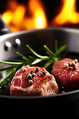 JPG 편집이미지 식재료 불 스테이크 사람없음 소고기 프라이팬 로즈메리 나무도마 통후추 편집실사 AI포토 AI콘텐츠 자연요소 주방용품 도마 서양음식 육류 목재 허브 CG 후추 파일형식