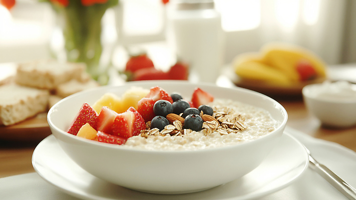 JPG 편집이미지 그릇 빵 토마토 식탁 딸기 바나나 사람없음 숟가락 꽃병 아침식사 시리얼 블루베리 아몬드 편집실사 AI포토 AI콘텐츠 식기 꽃 음식 채소 과일 탁자 수저 식사 견과류 CG 파일형식