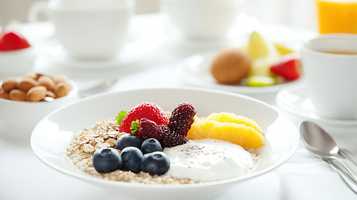 JPG 편집이미지 그릇 식탁 딸기 잔 사람없음 숟가락 아침식사 시리얼 파인애플 블루베리 아몬드 블랙베리 편집실사 AI포토 AI콘텐츠 식기 음식 과일 탁자 수저 식사 견과류 CG 열대과일 파일형식