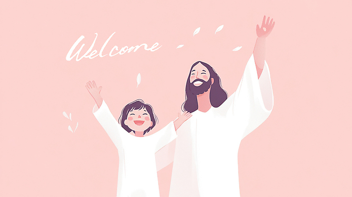 PSD 여자 남자 어린이 일러스트 소녀 성인 두명 교회 만세 기도 예수 디지털합성 예배 환영 연분홍색 웰컴 국내일러스트 분홍색 종교건축 모션 사람 건물 신_종교 파일형식