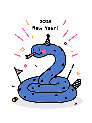 무늬 일러스트 사람없음 파란색 반짝임 고깔모자 깃발 뱀띠 해피뉴이어 2025년 을사년 국내일러스트 푸른뱀 푸른뱀캐릭터 AI파일 모자_잡화 컬러 모션 새해인사 십이지신 뱀 연도 뱀캐릭터 파일형식 벡터