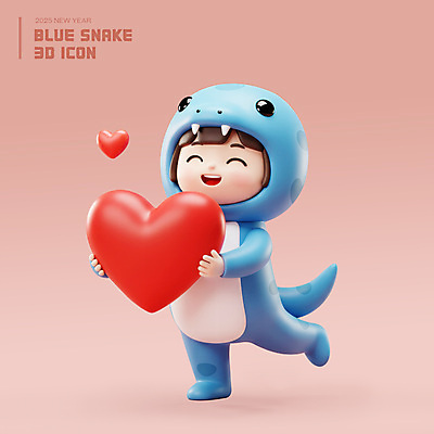 전신 PSD 편집이미지 여자 어린이 분홍색 새해 3D캐릭터 사랑 한명 웃음 들기 소녀 3D 하트 다리들기 소녀한명만 2025년 동물옷 을사년 편집3D 푸른뱀 모양 캐릭터 1 옷 감정 컬러 모션 표정 사람 뱀 연도 디지털합성 여자한명만 소녀만 파일형식