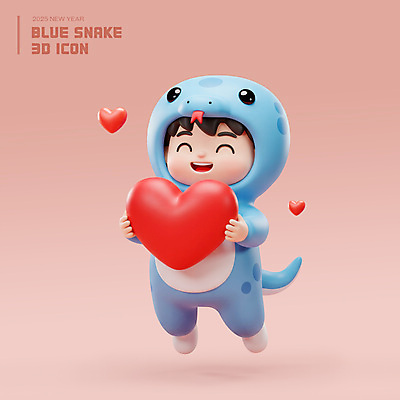 전신 PSD 편집이미지 남자 어린이 분홍색 새해 3D캐릭터 사랑 한명 웃음 들기 소년 3D 점프 하트 소년한명만 2025년 동물옷 을사년 편집3D 푸른뱀 모양 캐릭터 1 옷 감정 컬러 모션 표정 사람 뱀 연도 디지털합성 남자한명만 소년만 파일형식