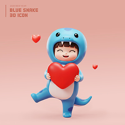 전신 PSD 편집이미지 여자 어린이 분홍색 새해 3D캐릭터 사랑 한명 웃음 들기 소녀 3D 하트 다리들기 소녀한명만 2025년 동물옷 을사년 편집3D 푸른뱀 모양 캐릭터 1 옷 감정 컬러 모션 표정 사람 뱀 연도 디지털합성 여자한명만 소녀만 파일형식