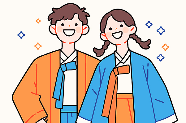 여자 남자 일러스트 청소년 웃음 상반신 두명 파란색 반짝임 주황색 한복 십대만 MZ세대 국내일러스트 AI파일 한국전통 컬러 모션 표정 사람 전통의상 세대 파일형식 벡터