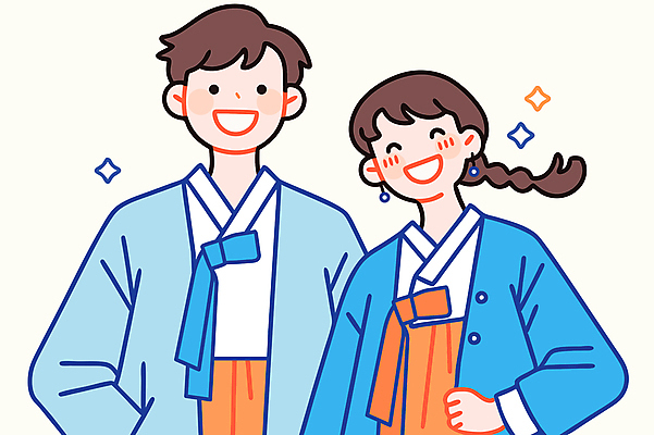 여자 남자 하늘색 일러스트 청소년 웃음 상반신 두명 파란색 반짝임 한복 십대만 MZ세대 국내일러스트 AI파일 한국전통 컬러 모션 표정 사람 전통의상 세대 파일형식 벡터