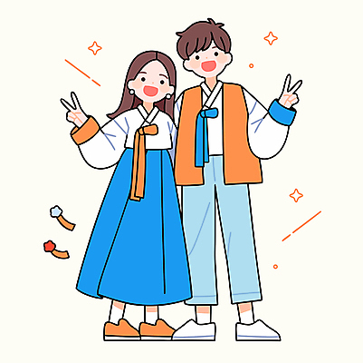 전신 여자 남자 하늘색 일러스트 청소년 어깨동무 웃음 두명 파란색 반짝임 주황색 한복 브이 십대만 MZ세대 국내일러스트 AI파일 한국전통 컬러 포즈 모션 표정 사람 손짓 전통의상 세대 파일형식 벡터