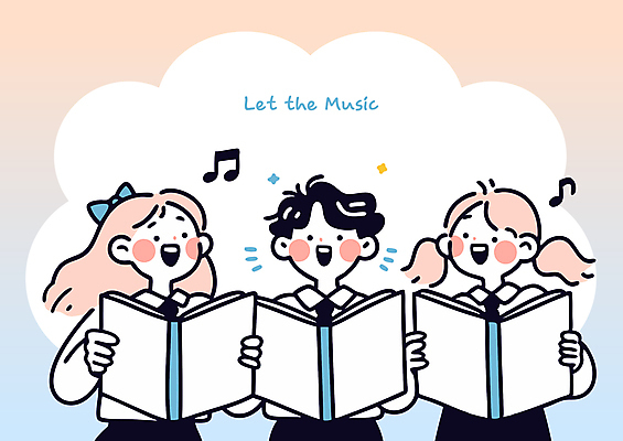 여자 남자 교복 리본 분홍색 하늘색 음표 일러스트 노래 청소년 미소 들기 상반신 세명 반짝임 기쁨 악보 그라데이션 구름모양 합창단 십대만 국내일러스트 AI파일 모양 기호 옷 감정 음악 컬러 모션 표정 사람 파란색 그룹 합창 파일형식 벡터 구름_자연