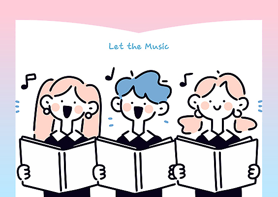 여자 남자 교복 어린이 분홍색 하늘색 음표 일러스트 노래 미소 들기 소녀 소년 상반신 세명 기쁨 악보 그라데이션 책모양 합창단 어린이만 국내일러스트 AI파일 모양 기호 옷 감정 음악 컬러 모션 표정 사람 파란색 그룹 합창 파일형식 벡터