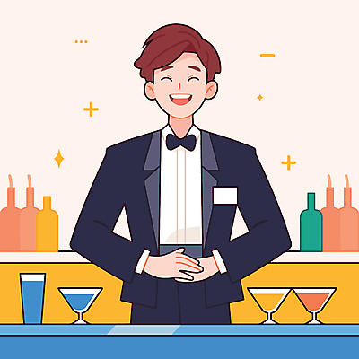 직업 남자 술잔 일러스트 탁자 나비넥타이 술병 주류 한명 미소 정장 상반신 성인 반짝임 칵테일 바 술집 바텐더 손모으기 성인남자한명만 일러캐릭터 AI파일 캐릭터 1 옷 음료 가구 모션 넥타이 병_용기 잔 표정 사람 손짓 남자한명만 성인남자만 파일형식 벡터