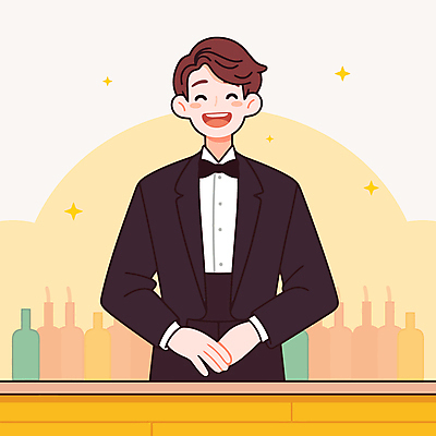 직업 남자 일러스트 탁자 나비넥타이 술병 주류 한명 미소 정장 상반신 성인 반짝임 노란색 바 술집 바텐더 손모으기 성인남자한명만 일러캐릭터 AI파일 캐릭터 1 옷 음료 컬러 가구 모션 넥타이 병_용기 표정 사람 손짓 남자한명만 성인남자만 파일형식 벡터